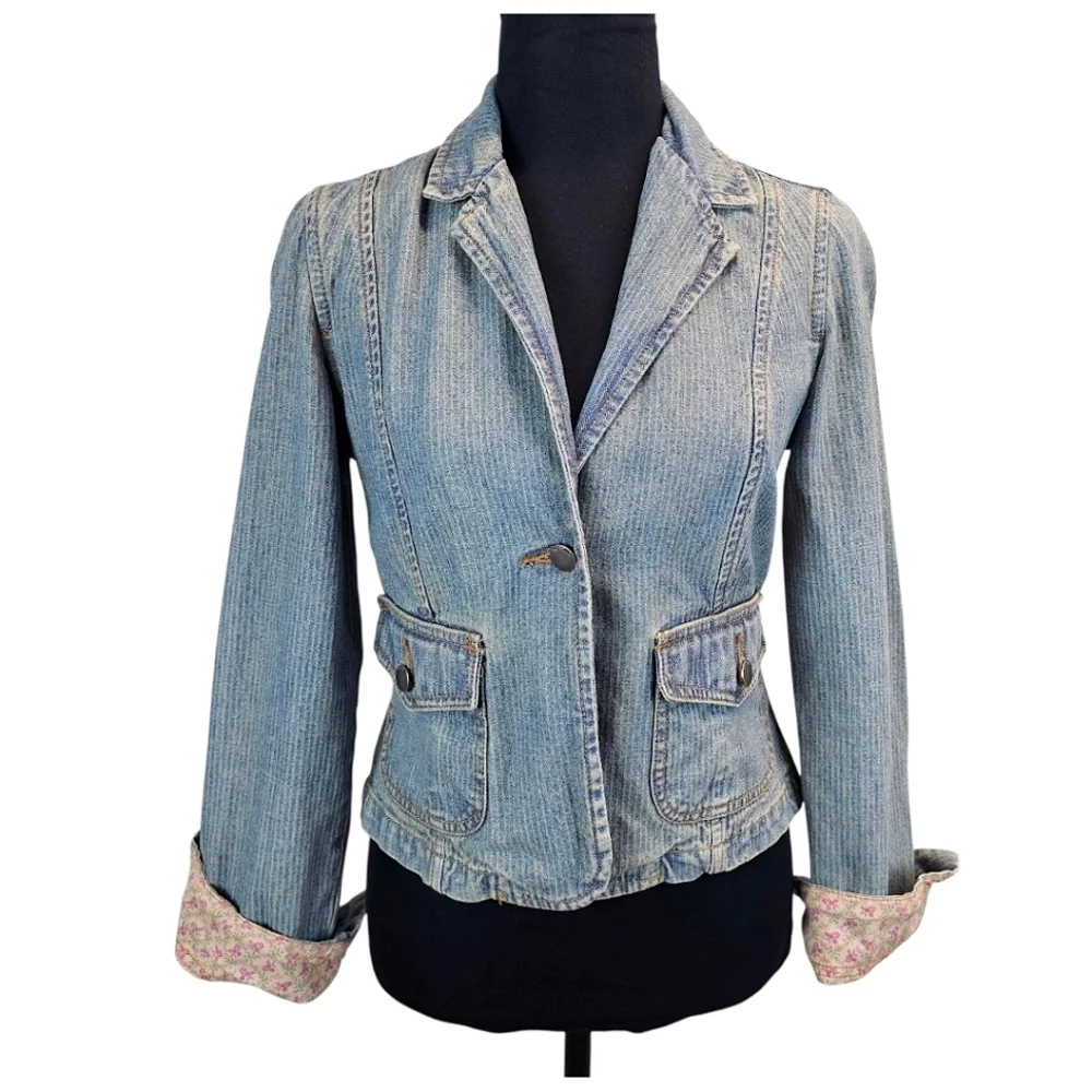 True Vintage Mossimo Paris Hilton Style Fitted Y2K Pinstripe Denim Jacket Small